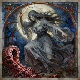 breathtaking detailed soft painting of grim reaper in gauze dress, with long hair and piercing eyes in blood meat and flesh, dynamic pose and movement, in an intricate art nouveau stained glass of bleeding meat moon, rembrandt style, elegant, highly detailed, artstation, concept art, matte, sharp focus, art by tom bagshaw, luis royo and greg rutkowski