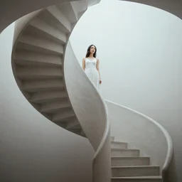 two elegant spiral staircases rise up to a landing,  a beautiful girl with long dark hair, dressed in white , stands at the top
