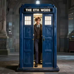 An illustration of The Tenth Doctor stepping out of the Tardis, high definition, 4k, sharp focus