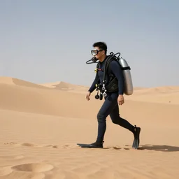 a scuba diver walking in the desert, photography, highly detailed, high quality, 8 k, soft lighting,