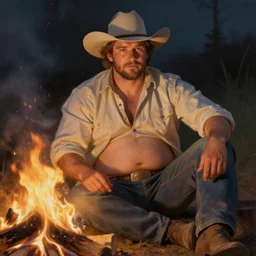 an ethereal painting of a rugged handsome man with a beer belly and cowboy hat sitting by a campfire