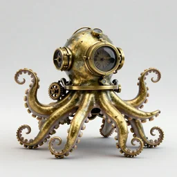 symmetrical brass steampunk octopus wearing a vintage diving helmet. clockwork. gears, pipes. goggles. rivets. octane render. highly detailed.