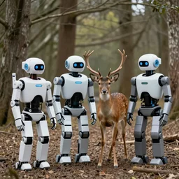 a real photo of robots and a deer in a forest, 50mm lens