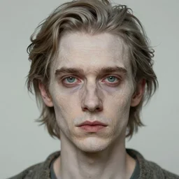 portrait of 4 0 - year - old man, with a pale face with premature lines, and light brown hair going grey, wearing in shirt, hyper realistic face, beautiful eyes, fantasy art, in the style of greg rutkowski, intricate, alphonse mucha, hyper detailed, smooth