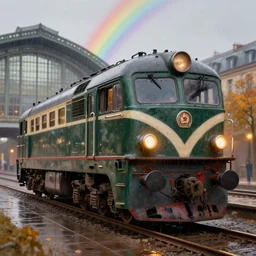 a neo vintage tgv locomotive, detailed, paris railway station background, photorealism, volumetric lights, autumn lights, ( ( ( rainy day, rainbow ) ) ) depth of field, photo, hasselblad, by moebius and ricardo robles, marco turini, oil, ink, gouache, 3 d concept art, octane render
