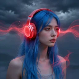 portrait, blue haired woman wearing air pods, by greg rutkowski, in a cabin, storm clouds, red glow surrounding headphones, glow melting up from the headphones, surreal light flowing in the air, ethereal, thomas kinkade, sound waves, powerful zen composition, by takehiko inoue and ross tran, elegant, realistic