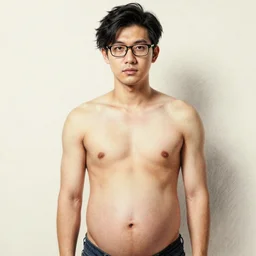 Handsome!! young Asian male model showing off his large!!!! pregnant!!!! belly, belly exposed, highly detailed, chiseled jaw, clean shaven, medium length black hair, highly detailed, wearing glasses, hyperrealist pencil drawing