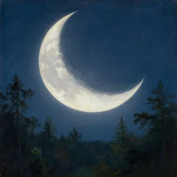 close-up, cinematic, the giant crescent Moon in the sky, above the night forest, soft lighting, oil on canvas, by Perov, by Levitan, masterpiece, trending on artstation, cinematic composition, beautiful lighting, sharp, details, hyper-detailed, HD