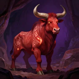 a shaded - cartoon full - body illustration of a male minotaur with glowing tribal skin markings in a dark cave environment with a bovine head, painterly, detailed, art - deco, red and - purple - palette : : 0. 3