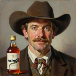 beautiful lifelike painting of uncle aloysius, alchemical cowboy snake oil salesman, hyperreal detailed facial features and uv lighting,'snakeoil'brand tonic product promotional corporate portrait art by ed roth and basil wolverton