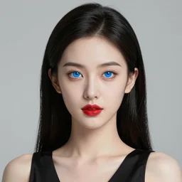 complex 3 d render, ultra detailed, realistic headshot portrait of a beautiful porcelain skin woman, oval face, black long hair, wearing black dress, detailed blue almond eyes shape, round catchlights, red lipstick, plump lips, beautiful, studio portrait, proportional,