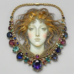 artnouveau necklace of a woman's face with open eyes and messy hair in a bundle surrounded by gemstones highly detailed art by rene lalique