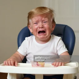 crying donald trump in a highchair with pudding on face, gettyimages,