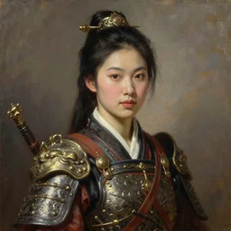 a portrait painting of a beautiful asian warrior princes, soft lighting,, art greg rutkowski and william - adolphe bouguereau