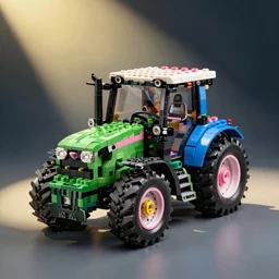 green blue and pink Lego tractor