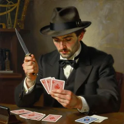 a spirit man with fedora and a switch blade, well dressed, plays cards and composes music, a painting by Austin osman spare