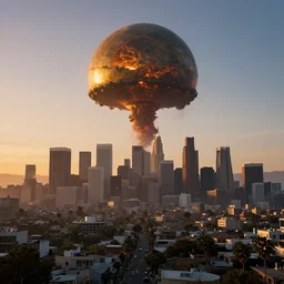 nuclear winter, los angeles city, near future, fantasy, sci - fi, hyper realistic, serene, sunset.