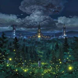 a giant forest with fireflies an luminescent wild flowers and futuristic illuminated temples at night and lots of cummulonimbus clouds and a spaceship by makoto shinkai, by moebius!, by oliver vernon, by joseph moncada, by damon soule, by manabu ikeda, by kyle hotz, by dan mumford, by kilian eng