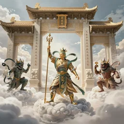 Ancient painting of a heroic figure guarding the gates of heaven from a demon, 4k, detailed, awe inspiring, beautiful