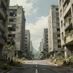 post apocalyptic nuclear apocalypse in europe, building, avenue, urban architecture, european architecture, concrete architecture, paved roads, by thomas kinkade trending on artstation, photorealistic, wild vegetation, utopian, futuristic, blade runner