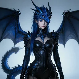 cyber noir portrait of a blue and black female dragon