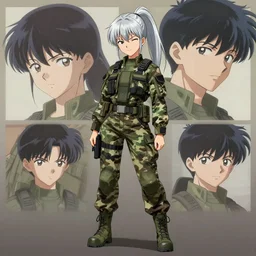 girl, silver hair (ponytail), (winking), multicam (camo), trending on artstation, detailed, cinematic full body shot, ilustration by (Takehiko Inoue) ((and Yoann Lossel)) ((and Yoji Shinkawa))