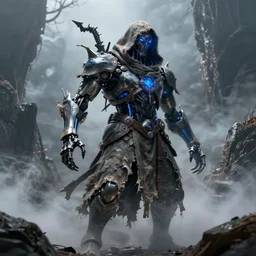 character and environment design, ( ( biomechanical ) ) arcanist coming from another world, tattered!!! robe and hood, blue light, fog, scary, arrogant, hostile, photorealistic, cinematic, hyper realistic, octane render, 8 k, wide angle