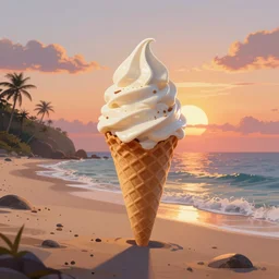 landscape view of a beach at sunset but sun is ice - cream, high fantasy, extremely detailed, artgerm, sharp focus, smooth, digital illustration, by rossdraws, frank franzzeta, sergey grechanyuk, vance kovaks, dominik mayer