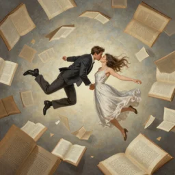 man and woman flying through scattered book pages, romantic painting, elegant intricate digital painting artstation concept art by Mark Brooks and Brad Kunkle detailed