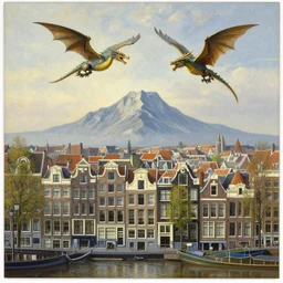 amsterdam painting with mountains in the distance and flying dragons realistic high detail