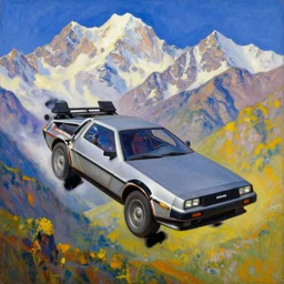 delorean car flying above altai mountains, beautiful painting by roerich, colorful, highly detailed