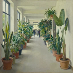 an empty hallway, full of house plants and people, oil on canvas