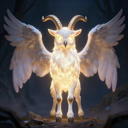 glowing six horned creature with an owl face, goat legs, and four wings, digital art, trending on art station, cinematic atmosphere