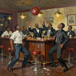 a messy fun painting of black men gatecrashing a bar, barstool flying through air, art by dean cornwell, artstation