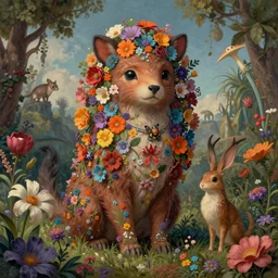 surreal hybrid animals, nostalgia for a fairytale, magic realism, flowerpunk, mysterious vivid colors by andy kehoe and amanda clarke, highly detailed, insane details