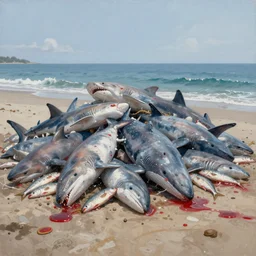 pile of dead whales, sharks, fishes on the beach, red juice leaking, painting, artstation