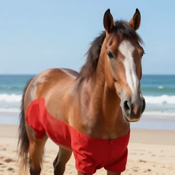 beautiful commission of an anthropomorphic horse wearing red shorts on the beach,digital art,art by greg rutkowski,ross tran,professional character design,artstation,deviantart,photorealistoc,hyperdetailed,detailed face,high resolution,high quality