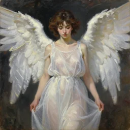 classical oil painting of an angel wearing see through white dress by marc simonetti, beautiful anime portrait, official artwork, stylistic, brush strokes, oil, canvas