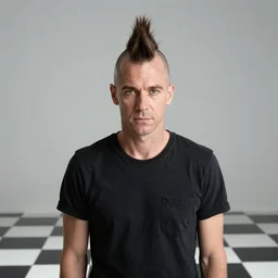 travis bickle has a mohawk, on a checkered floor, studio portrait