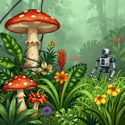 a lot of jungle flowers!!! and plants!! + poison toxic mushrooms surrounded by cables + long grass + broken droid + mystic fog, line drawing, no - shadow, light green palette, by makoto shinkai takashi takeuchi studio ghibli, akihiko yoshida, 7 0's vintage sci - fi concept, rule of third!!!!, top view