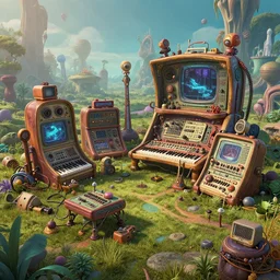 strange surrealist detailed alien electronic-musical-instruments!! in a bryce 3d surrealist landscape biome,  designed by john howe and pixar, detailed, photorealistic, 8k, hd