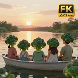 people with broccoli hair relaxing on a boat on the river, sunset scene, fantasy style, 4 k, octan render, ultrarealistic