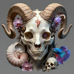 goddess princess face close-up portrait ram skull. hard surface modelling zbrush. jellyfish phoenix head, nautilus, orchid, skull, betta fish, bioluminiscent creatures, intricate artwork by Tooth Wu and wlop and beeple. octane render, trending on artstation, greg rutkowski very coherent symmetrical artwork. cinematic, hyper realism, high detail, octane render, 8k