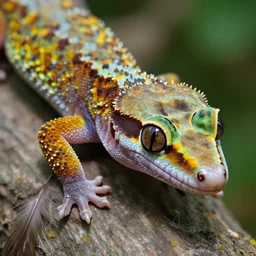 extreme close up gecko with feathers, greg rutkowski, alphonse mucha, 4 k, artstation, artgerm