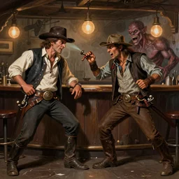 two cowboys in a bar fighting ghouls, fantasy D&D character, portrait art by Donato Giancola and James Gurney, digital art, trending on artstation