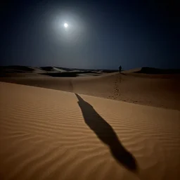 photograph of the desert at night, lit by moonlight, ominous figures in the distance, dunes in foreground with elongated shadows, night photography, dslr, 4 k