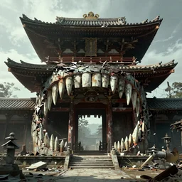 a portal to another dimension, a decaying japanese temple, sharp, slender and densely arranged teeth, stunning atmosphere, the art of the matrix, cyberpunk 2 0 7 7, art by emmanuel shiu