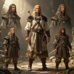 natural light, dissolution filter ,turbulence filter, costume design made by nordic tribes, sophisticated composition, old masters light composition, artist reference images pose, procedurally generated, epic human character posing for concept art, beautiful creative space behind, substance designer, PBR, HD, Ultra detailed, hyperrealistic, megascans, volumetric light, concept by master artist, made in paint tool SAI2, trending pixiv face