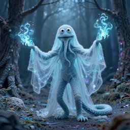 ethereal ghostly live action muppet wraith like figure with a parasitic squid head, four long tentacles for arms that flow gracefully at its sides like a cloak, a long fluffy snake tail instead of legs, it stalks around frozen forests searching for lost souls to consume, hides in the shadows of trees, this character uses hydrokinesis and electrokinesis, it is a real muppet by sesame street, photo realistic, real, realistic, felt, stopmotion, photography, sesame street