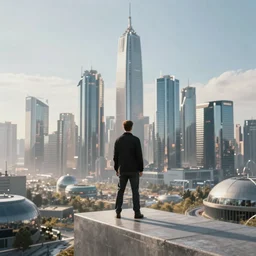 man standing on ledge facing a futuristic city skyline - 4 n